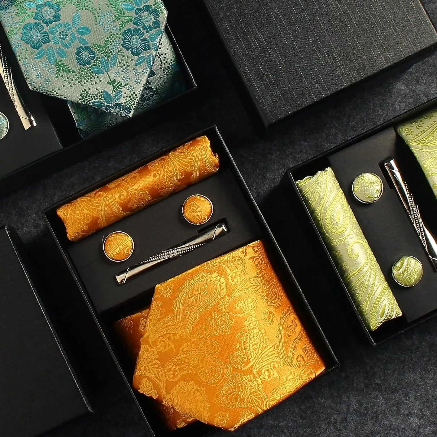 100% Silk Necktie Paisley Floral Men Business Tie, Pocket Square ,Tie Clip ,Cufflinks Set  Gift Box.