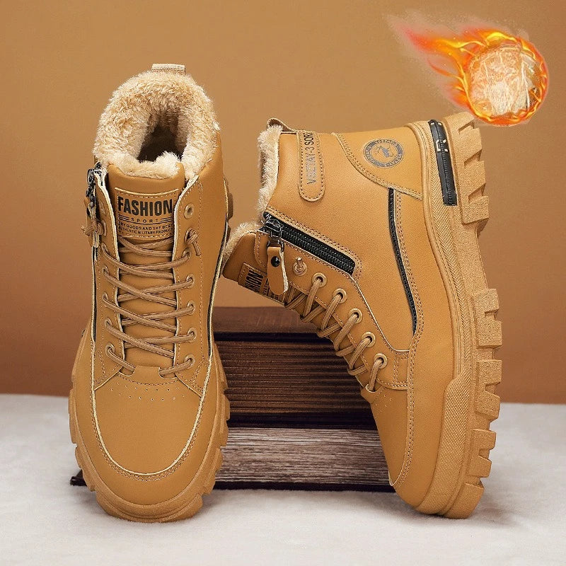 New winter plush thick warm men cotton shoes, trendy outdoor high top male boots.