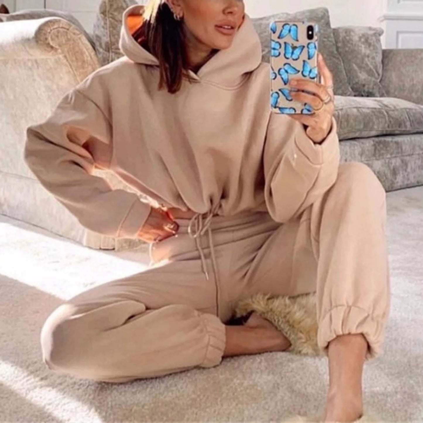 Winter Tracksuit Women Two Piece Set - Oversized Hoodie Sweatpants, Solid Color Sportswear Suit.