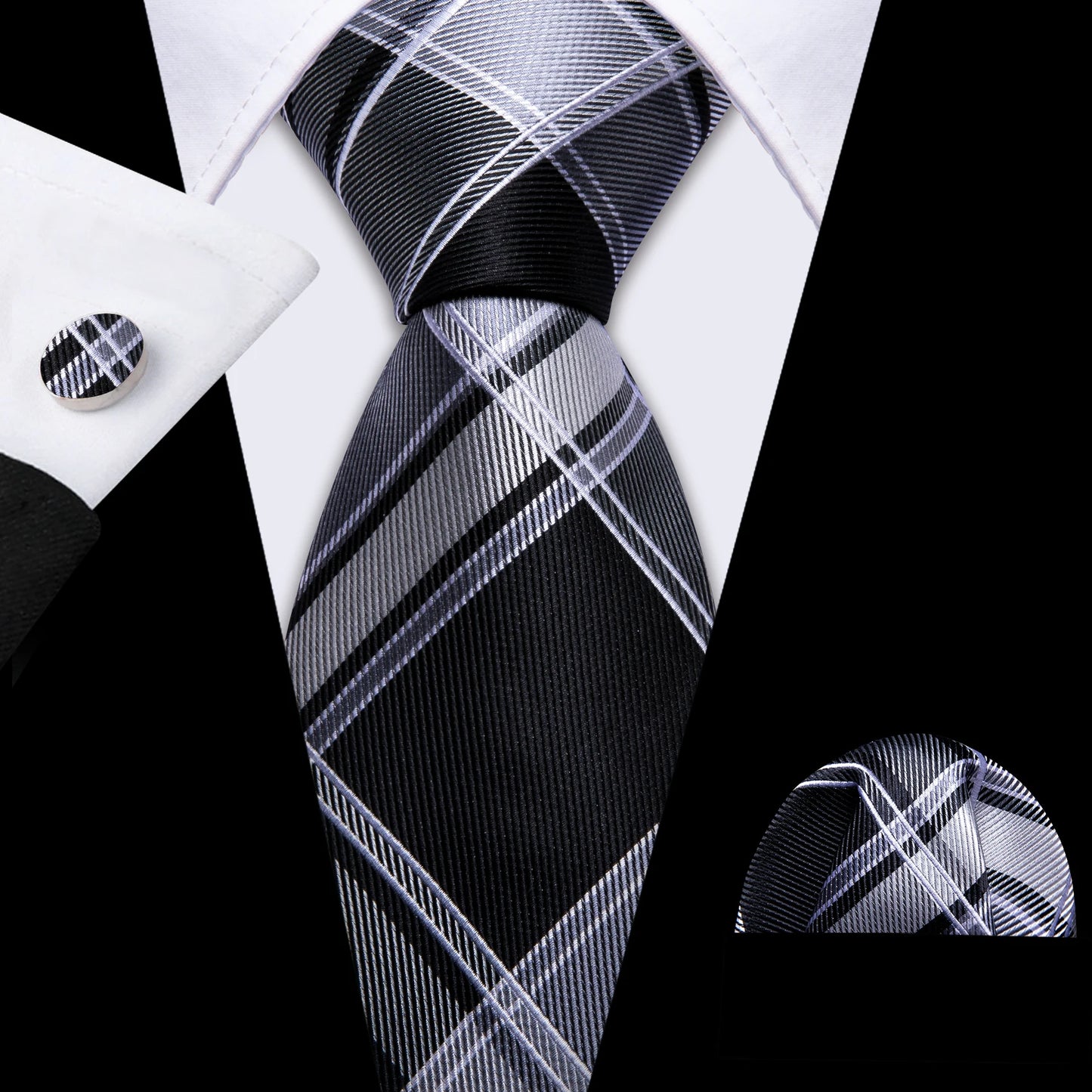 Black White Gray Silver Men Tie Handkerchief Cufflinks Set.