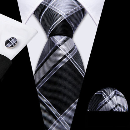 Black White Gray Silver Men Tie Handkerchief Cufflinks Set.