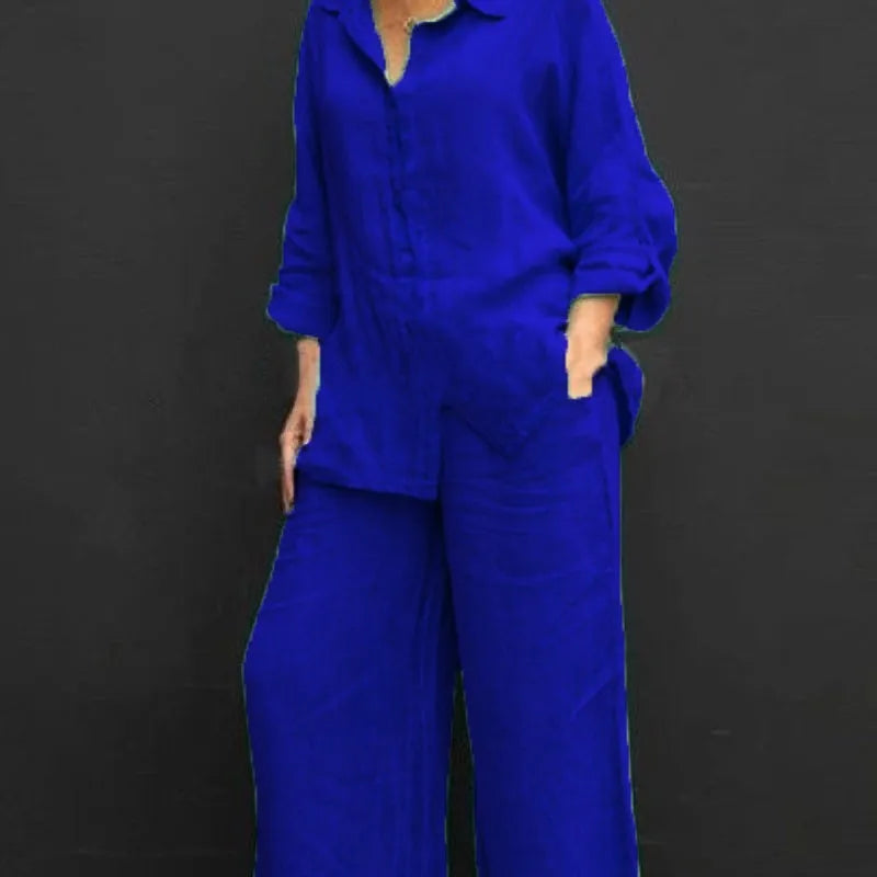 Two Piece Sets Women Outfits,  Fall Simple Long Sleeve Shirt Loose Trousers Set Office Casual.