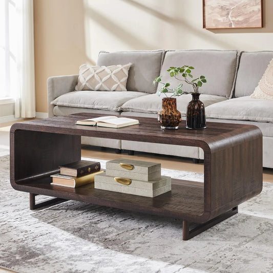 48" Modern Coffee Table, 2-Tier Minimalist Design with Storage Shelf, Curved Profile for Living Room.