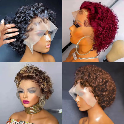 Short Pixie Cut Wig Curly Bob Lace Front Human Hair  200Density 13X1 Lace  Brazilian Wig