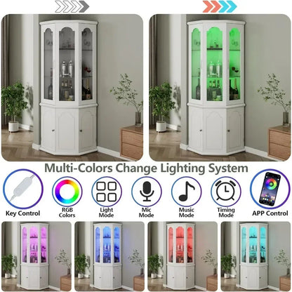 Corner Bar Cabinet w/LED Lights, Home Bar Liquor Storage, Tempered Glass Door & Adjustable Shelves.