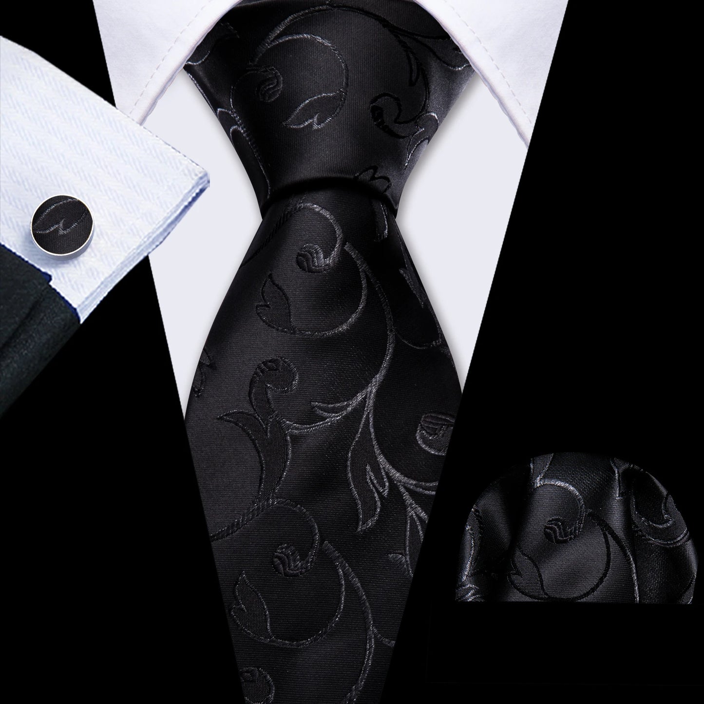 Black White Gray Silver Men Tie Handkerchief Cufflinks Set.