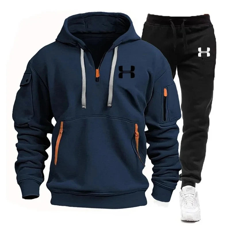 Men autumn and winter new zipper long sleeved hooded sweatshirt, sports and casual pants, two-piece fitness jogging suit.