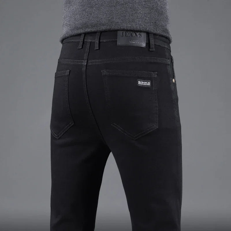 New Men Pure Black Slim Jeans, Elastic Pants Business Fashion Leisure Denim Pants.