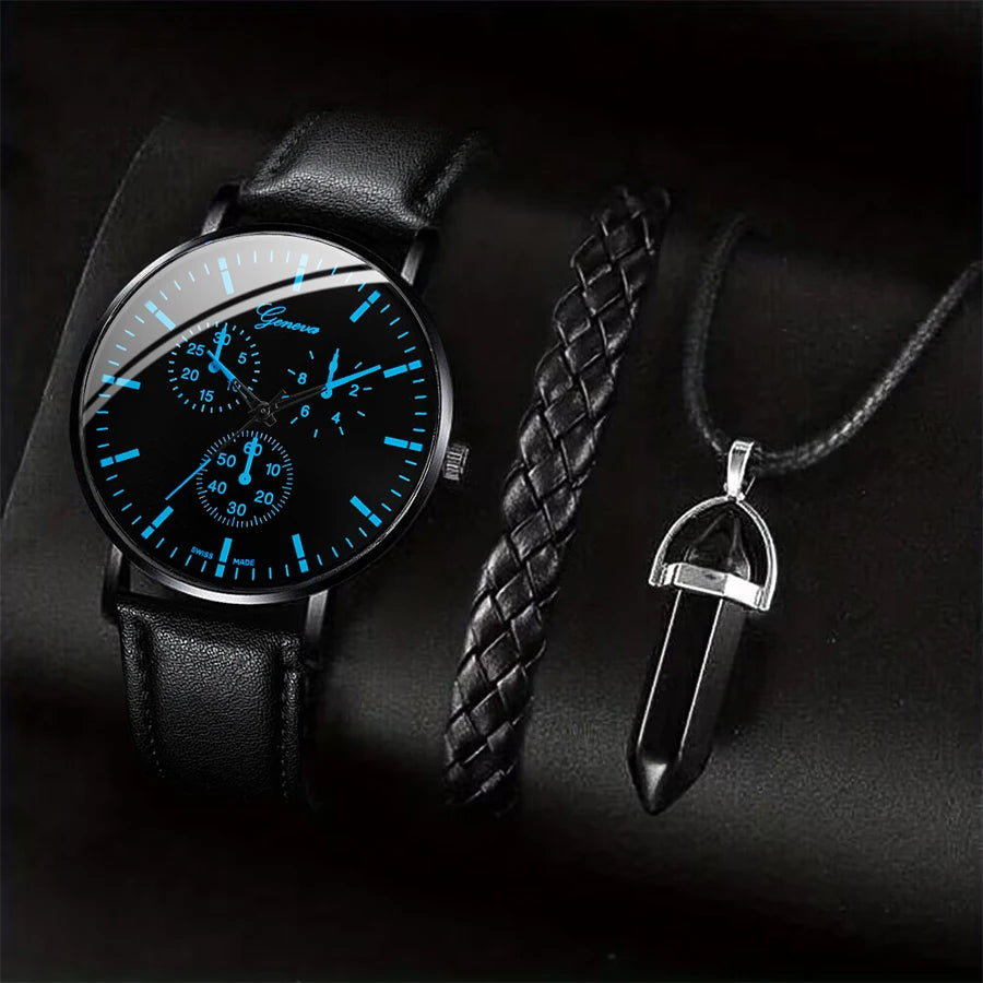 3PCS/Set Men Business Watches  Leather Band Analog Male's Quartz Watch Necklace Bracelet Set.