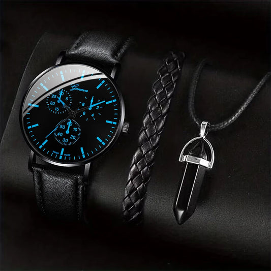 3PCS/Set Men Business Watches  Leather Band Analog Male's Quartz Watch Necklace Bracelet Set.