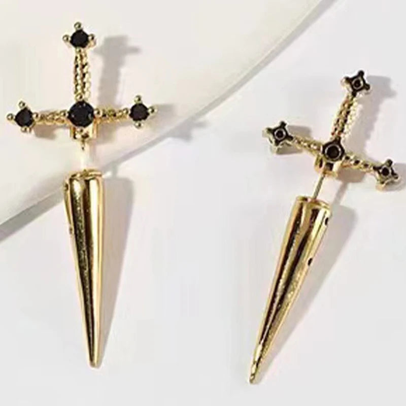 Hip Hop Cross Sword Stud Earrings For Women, Classic black Crystal Stone Silver Ox Gold.