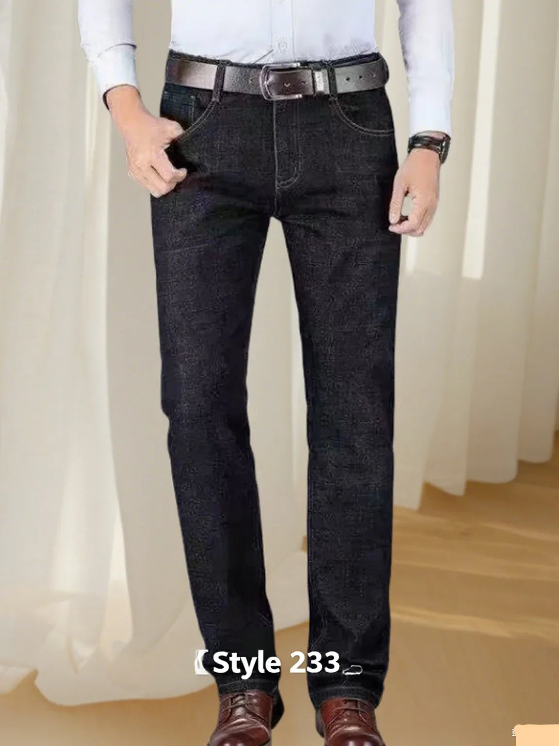 New Business Men Jeans, Casual Straight Stretch Fashion, Classic Blue, Black Work Denim Trousers.