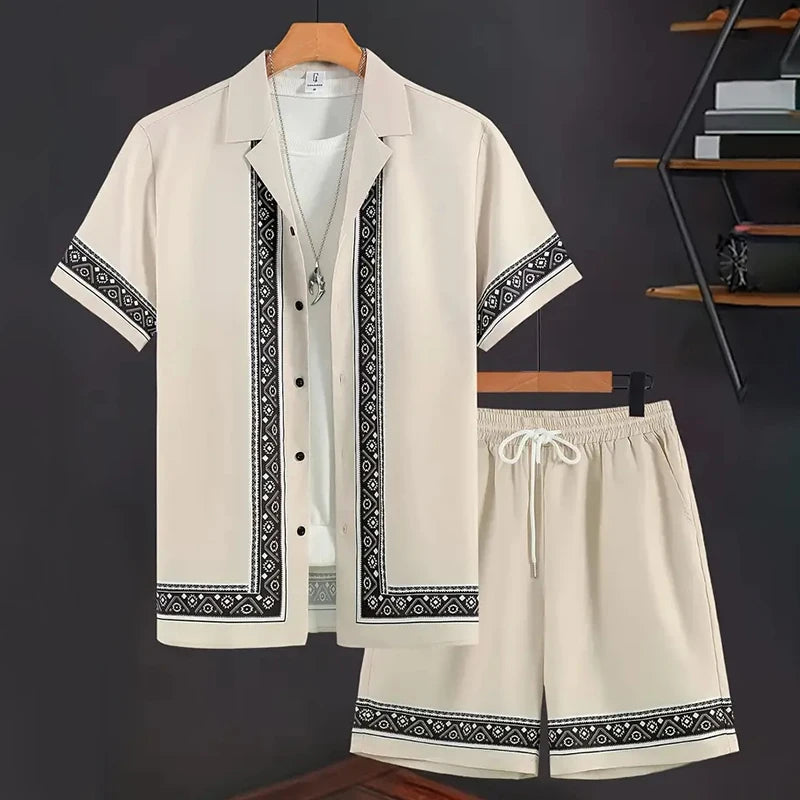 New Men Summer Holiday Suit Textured Printed Shirt Short Sleeve, Two Piece Men Breathable Pool Suit.