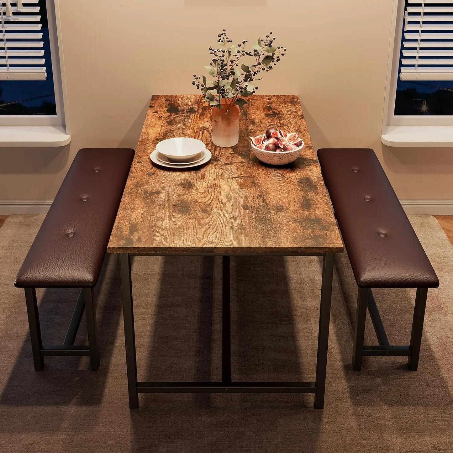 Brown Dining Table Set for 4 Upholstered Benches, 3pcs/set