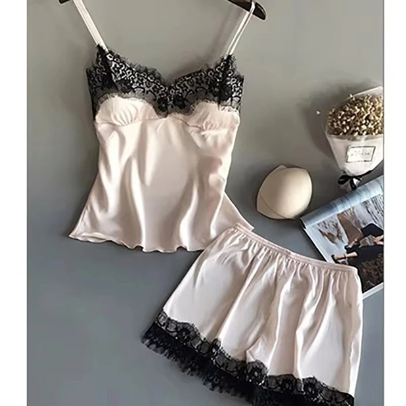 Women Pajama Suit, V-Neck Baby doll Lace  Lingerie  Short Set.
