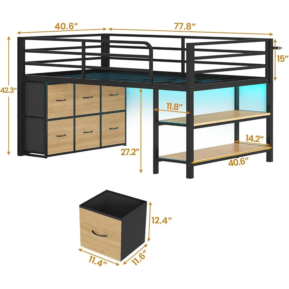 Twin Size Low Loft Bed with 6 Drawers, LED Lighting, 2-Tier Shelves, and 15-Step Safety Ladder for Kids