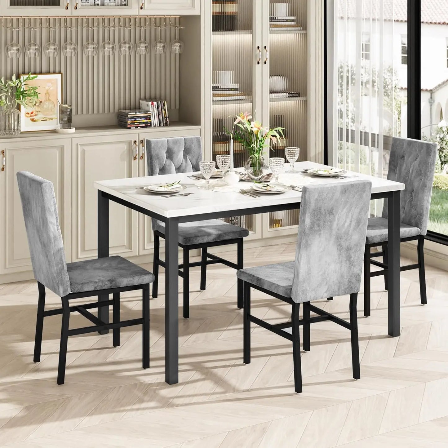 Dining Table Set for 4, Faux Marble Small Kitchen Table, Chairs Set of 4 with Luxurious Button Tufted Chairs.