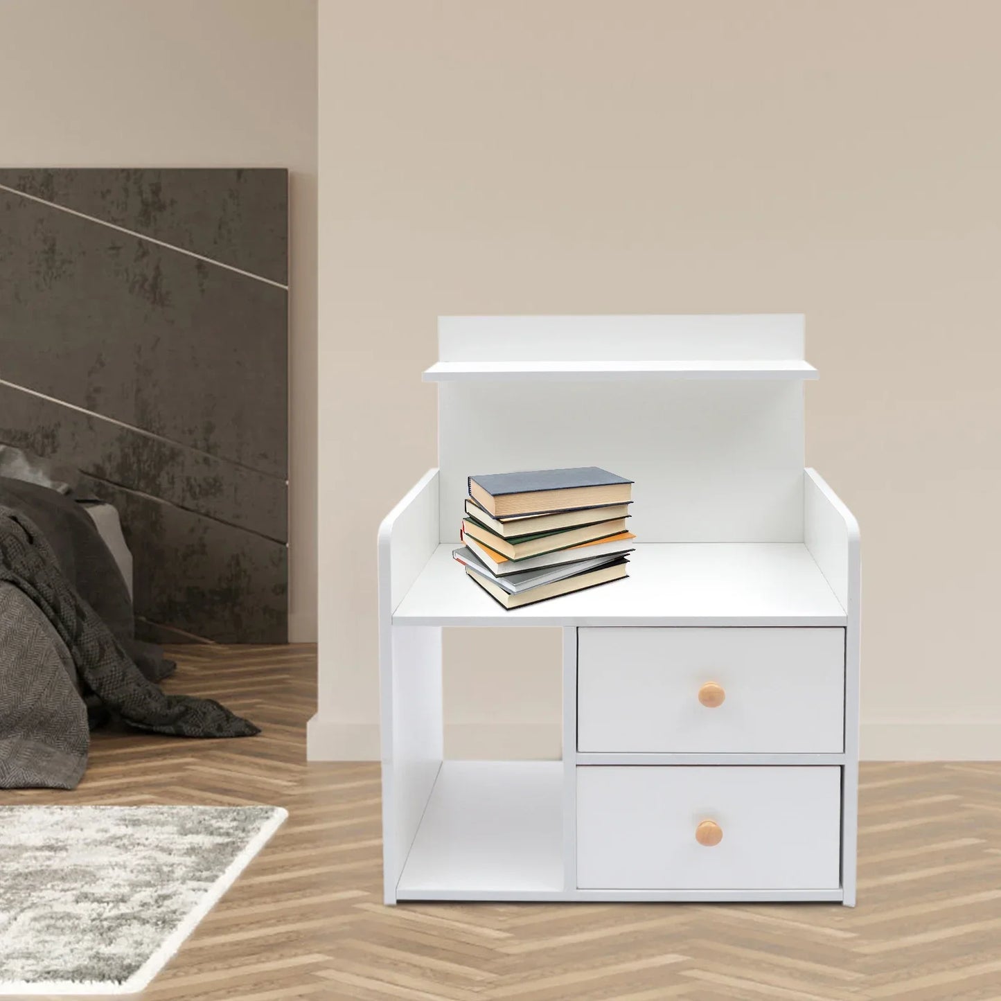 Warm White Nightstand with 2 Drawers, 16.9x10.2x23.6In Compact Bedside Table.