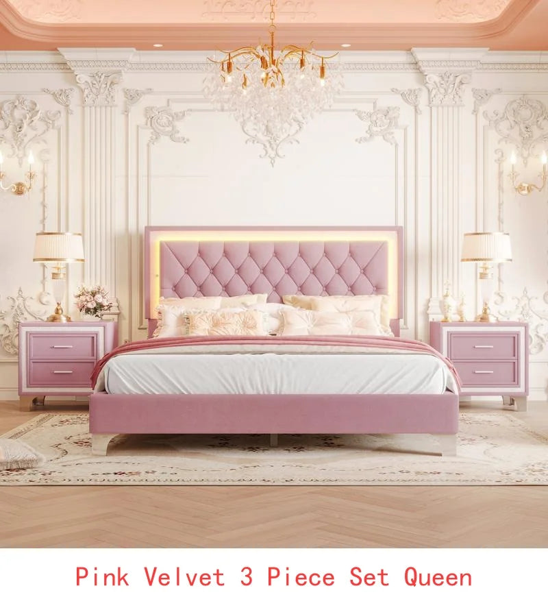 3-Piece Bedroom Set, Queen Size Upholstered Bed with LED Lighting & 2 Nightstands.