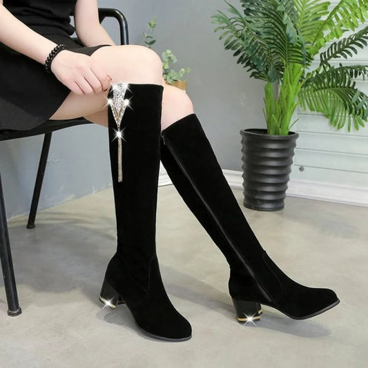 Women Side Zipper Long Boots Thick Heels.