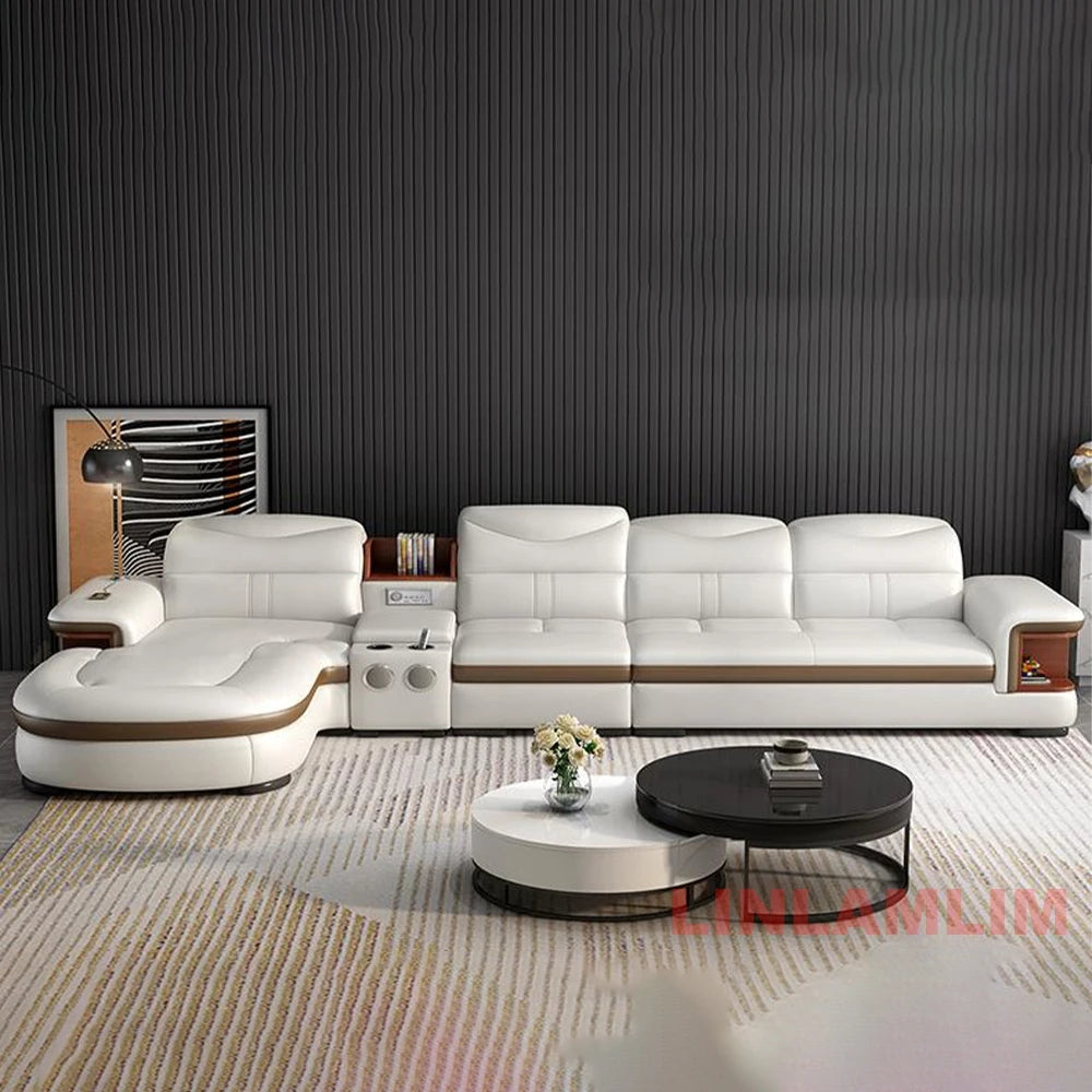 L-Shaped Sectional Sofa with Chaise, Genuine Leather adjustable headrest, Storage, USB,