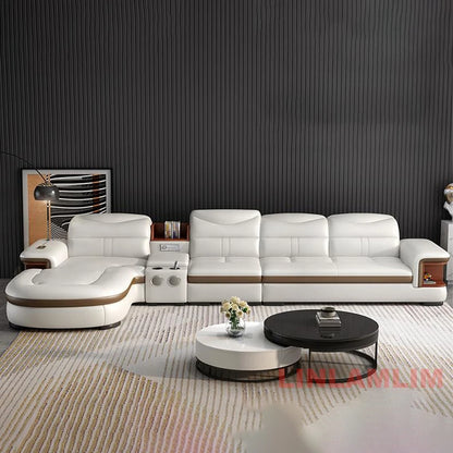 L-Shaped Sectional Sofa with Chaise, Genuine Leather adjustable headrest, Storage, USB,