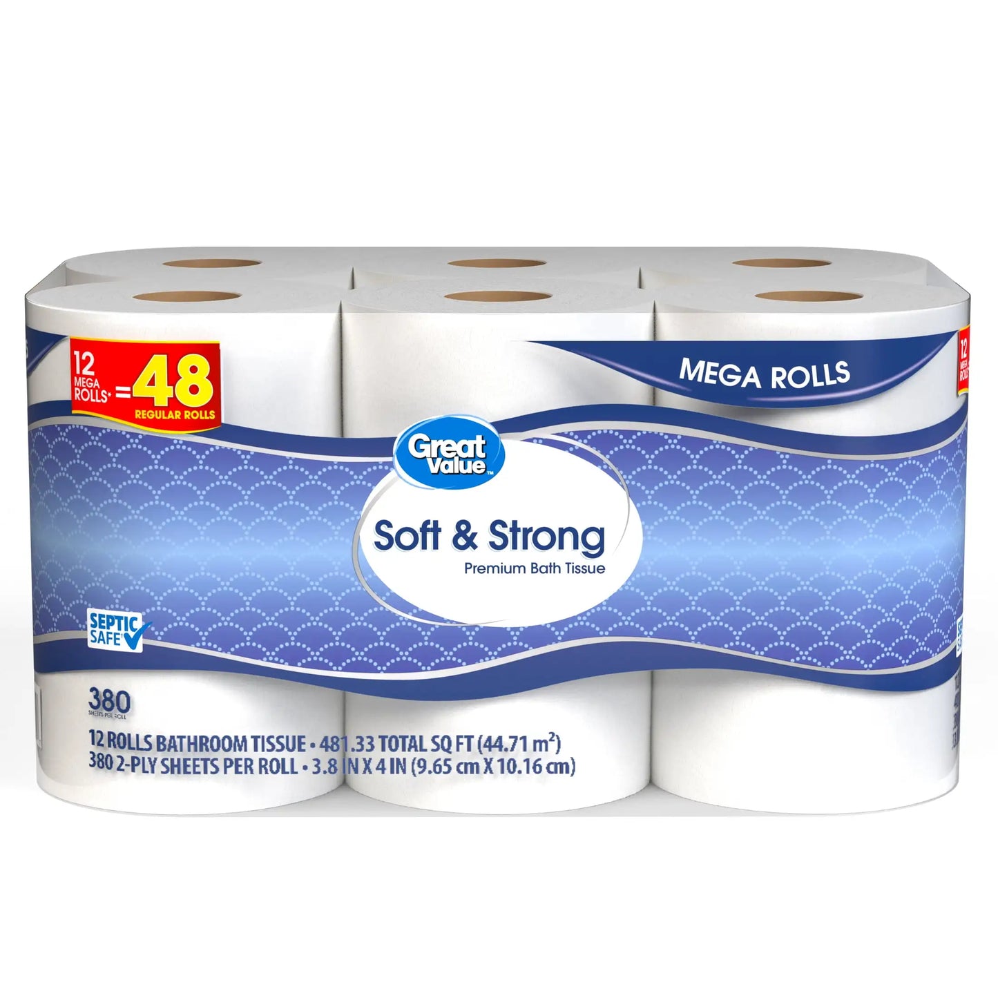 Soft & Strong Premium Toilet Paper 12 Mega Rolls, gentle on your skin.