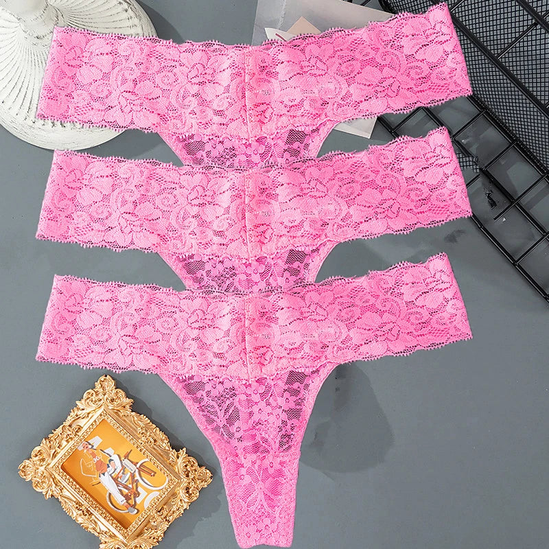 3PCS Lace Floral Women Panties ,Low Waist Breathable Briefs Female Thong Underwear M-2XL Sexy G-String Transparent Panty.