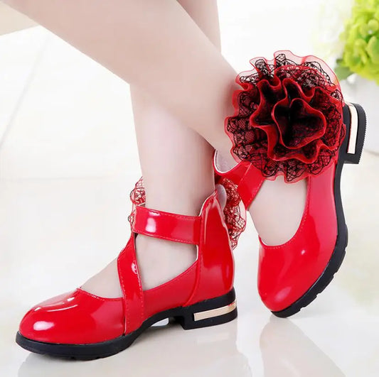 Girls High Heel Princess Flower Shoes, Fashion Children Shoes Leather Girls.
