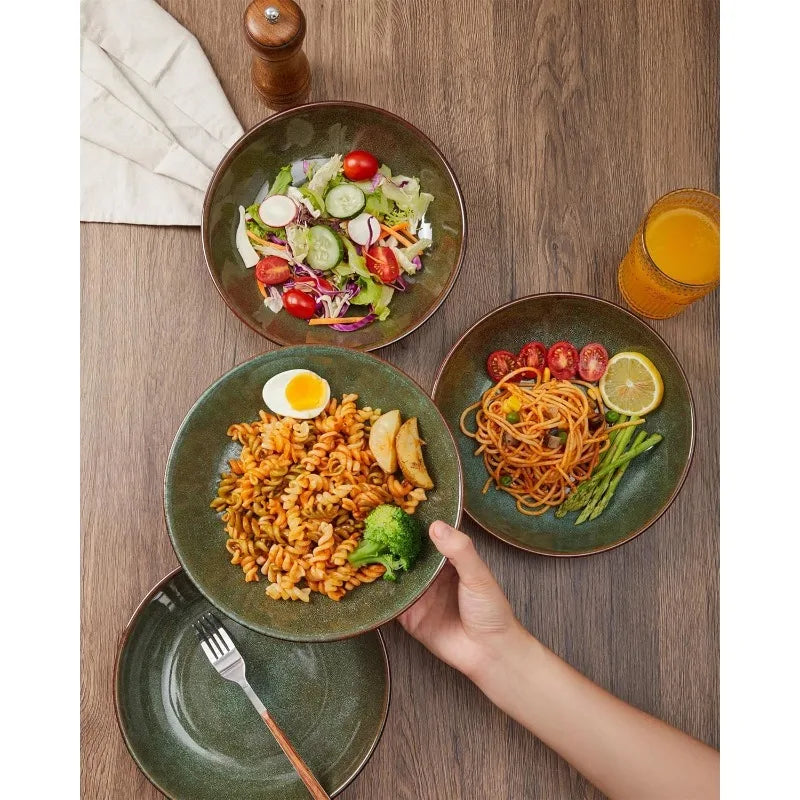 16 Piece Double Bowl Dinnerware Sets, with Pasta Bowls, Natural Earth ware Service for 4 Sage Green.