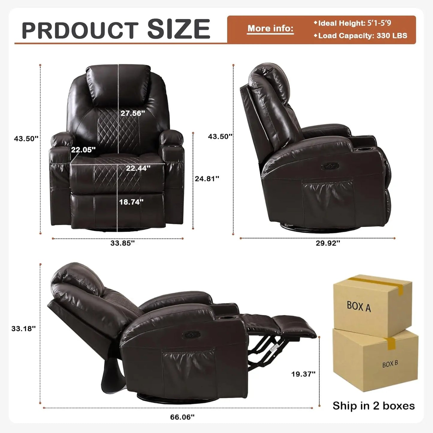 Power Swivel Rocker Recliner ,Heat Massage Cup Holder LED Lights USB , Comfortable Rocking Chair