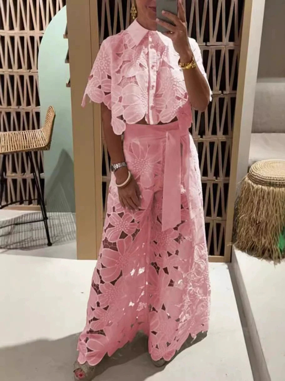 Women Set Short Sleeved Blouse Tops + Tie-up Pants Two Piece set Lace Outfit .