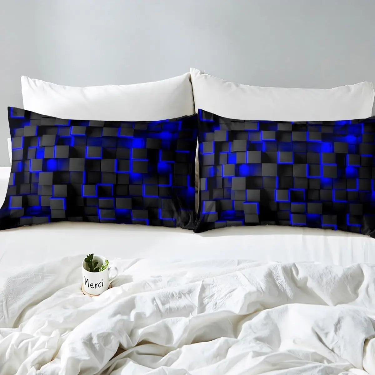 Blue and Black Bedding Duvet Cover Set, Geometric Set for Kids Comforter Cover Set