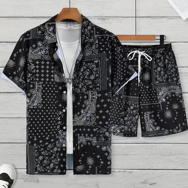 New Men Summer Holiday Suit Textured Printed Shirt Short Sleeve, Two Piece Men Breathable Pool Suit.