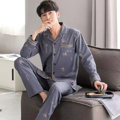 Pajamas Men's Long-Sleeved Spring and Autumn Men's Two-Piece Suit