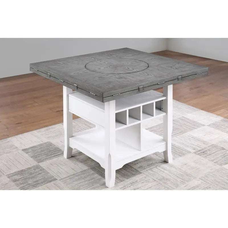 Classic 7-Piece Counter Height Dining Set, with Antique White and Gray Table, Lazy Susan, Built-in Leaf, and 6 High Chairs.