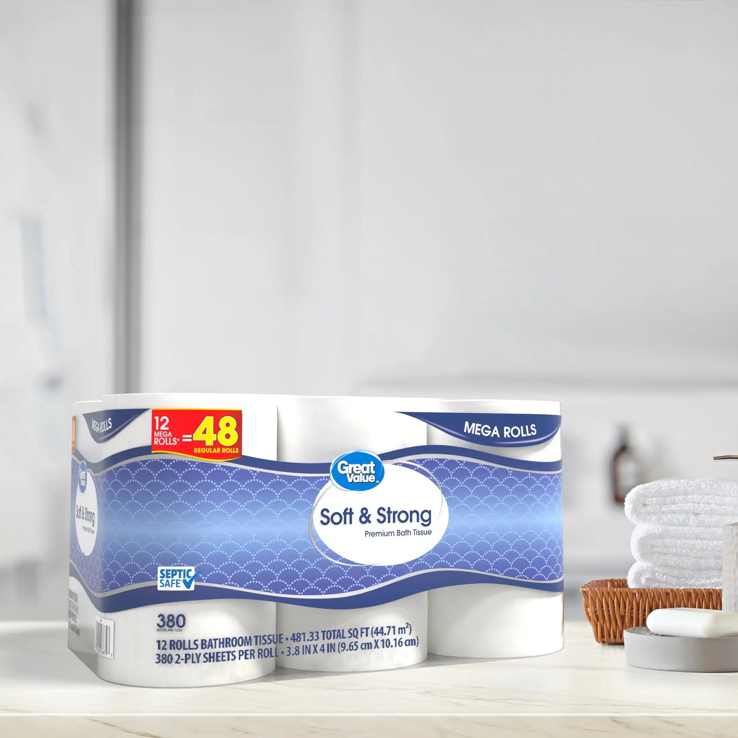 Soft & Strong Premium Toilet Paper 12 Mega Rolls, gentle on your skin.