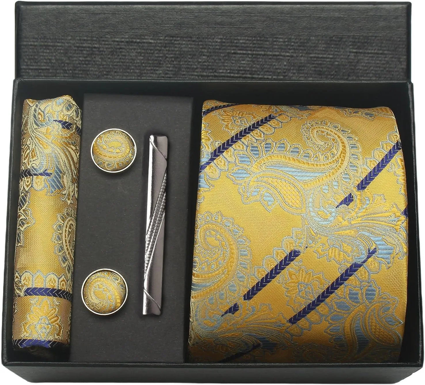 100% Silk Necktie Paisley Floral Men Business Tie, Pocket Square ,Tie Clip ,Cufflinks Set  Gift Box.