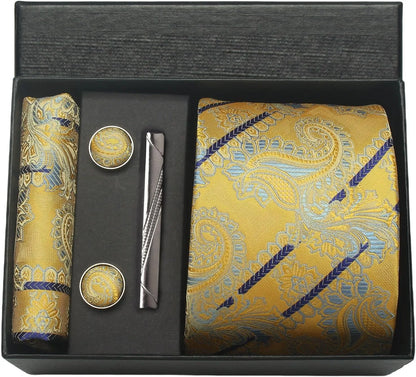 100% Silk Necktie Paisley Floral Men Business Tie, Pocket Square ,Tie Clip ,Cufflinks Set  Gift Box.