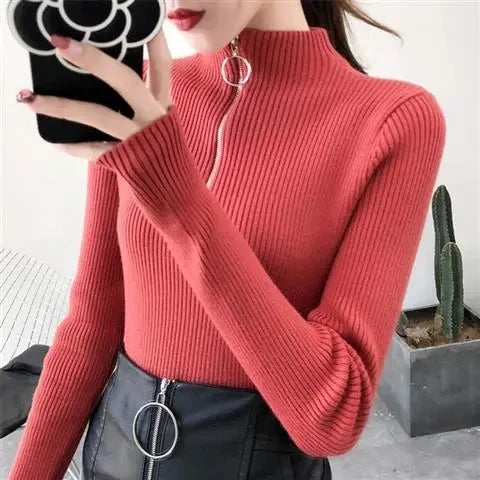 Knitted Women Zipper Half High Neck Sweater Solid Knitwear.