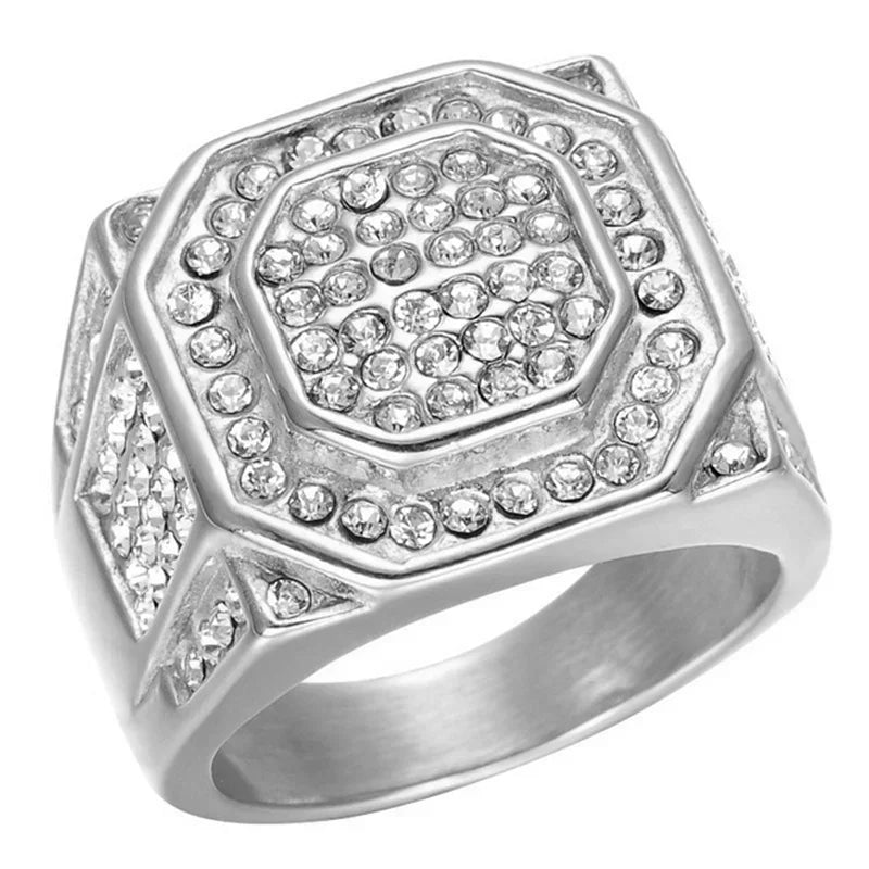 Hip Hop Style Trendy Men Rings, Iced Out Bling Cubic Zirconia Geometry Ring.