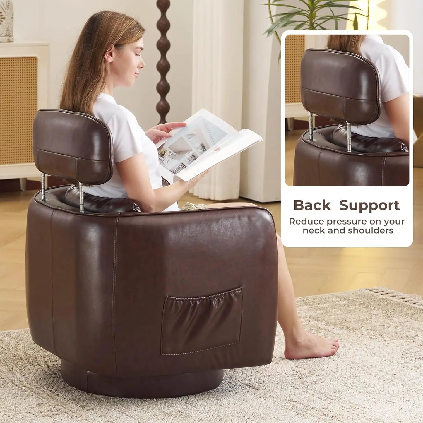 Large Swivel Accent Chair Leather round Barrel, Upholstered Armchair Modern Customized for Living Room Bedroom.