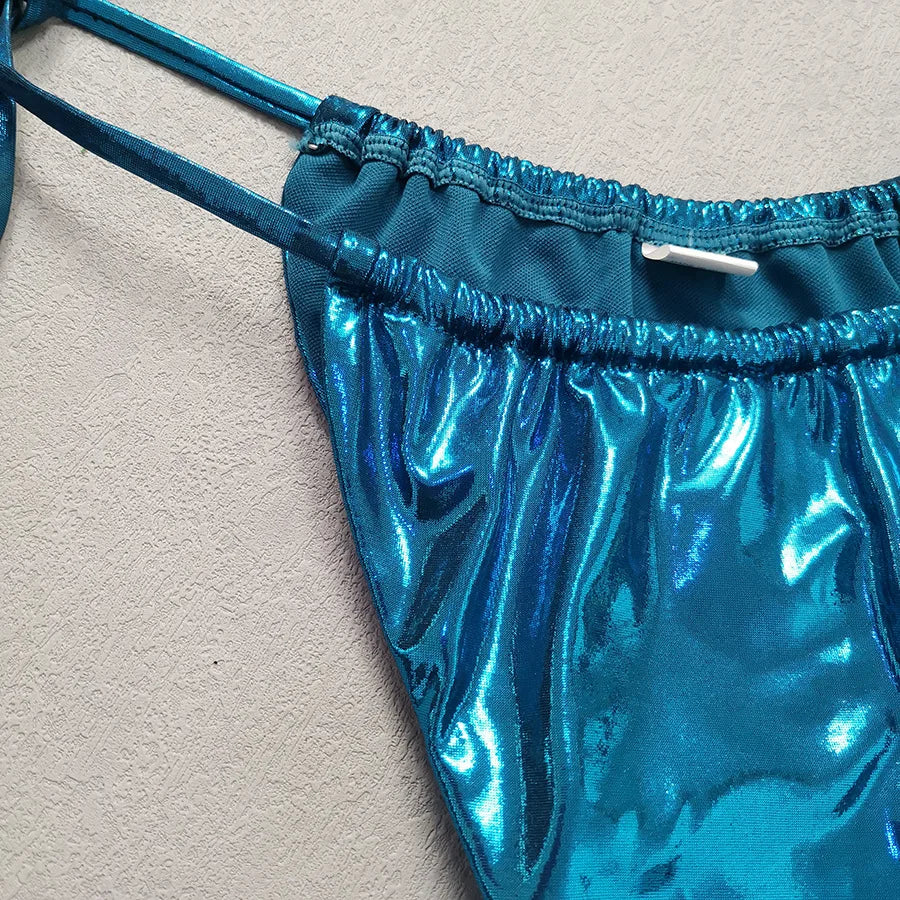 Gem Blue Glossy Bikini , Summer Beach Vacation Outfits, Thong Bathing Suit.