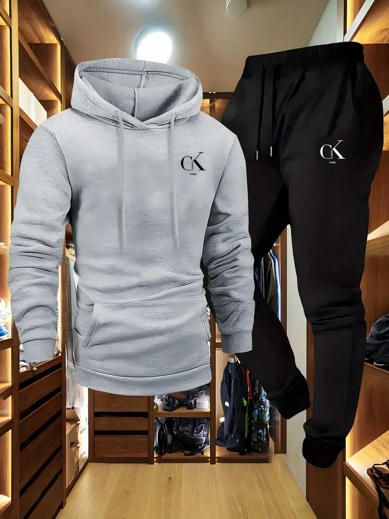 2025 Men Hoodie & Sweatpants Set - Casual Gray Loungewear with Pockets, Drawstring Hood and Ribbed Waistband.