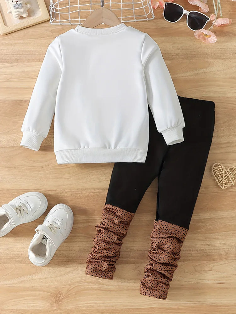 2-Piece Set for Girls: Autumn Portrait Print Round Neck Long-Sleeve Sweatshirt Pants Set.