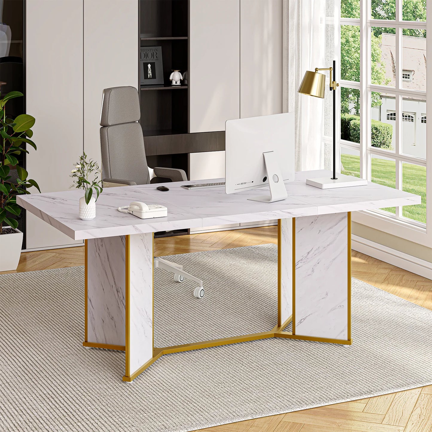 71 Inch Rectangular Dining Table for 6 to 8 People,  Marble  Kitchen Table Gold.