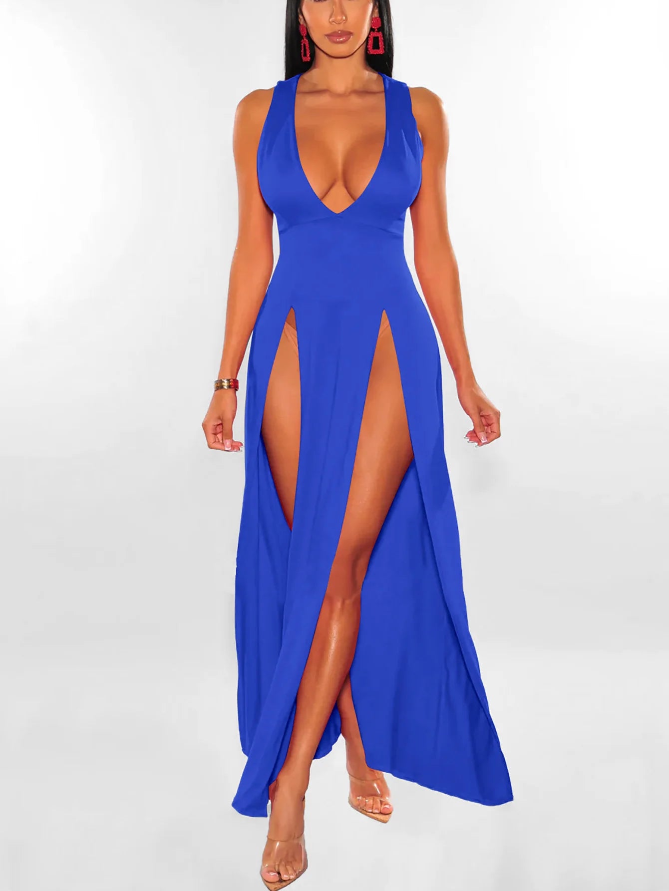 Summer New Women Sexy High Split Dresses, Sleeveless Deep V-Neck High Slit Long Party Bodycon Red Dresses.