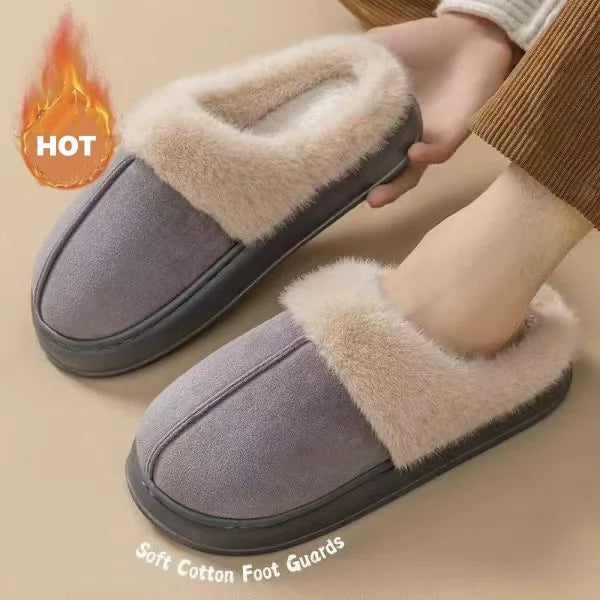 Fashionable women's plush slippers winter indoor, thick sole non-slip warm house shoes for home bedroom living room.