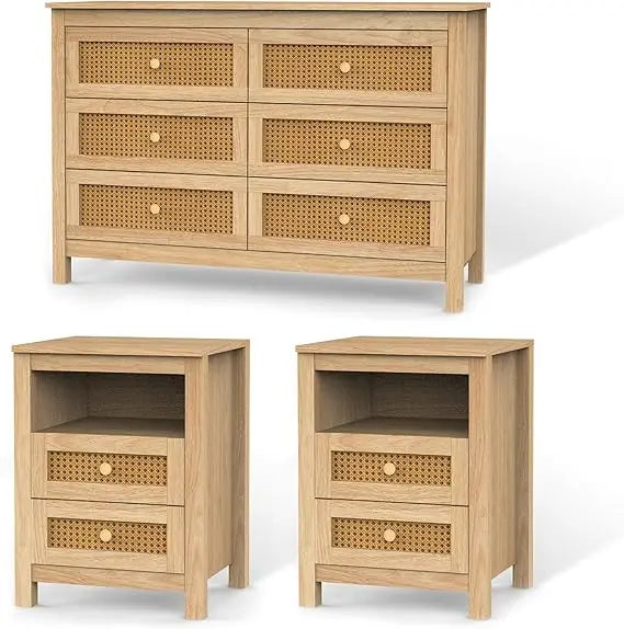 3 Pieces Bedroom Furniture Set, Rustic Wood 6 Drawer Dresser and Nightstands, Chest of Drawers.