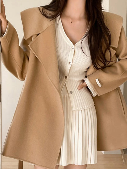 Winter Wool Coat Women, Chic Navy Collar, Belted Waist